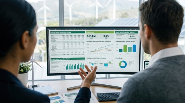 Colleagues reviewing financial charts and capital expenditure analysis for wind farm acquisition project on computer monitor with wind turbines visible through office window bac...