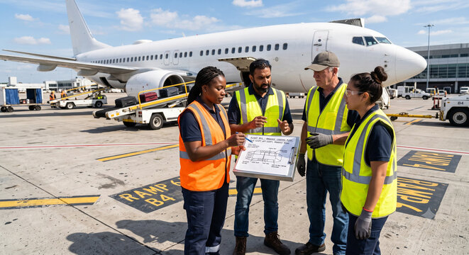Diverse airport ground crew discussing logistics on sunny tarmac.