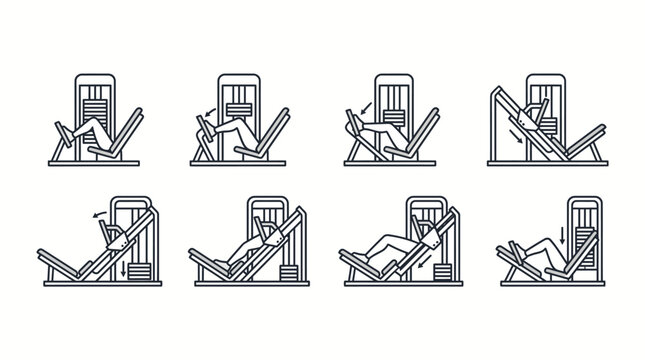 Black and White Leg Press Exercise Position Icons Collection Featuring Foot Placement Angle Variation Lower Body Strength Training Fitness Vector Design