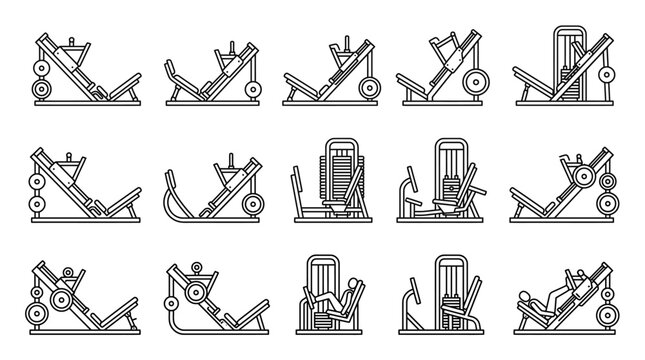 Black and White Leg Press Machine Icons Collection Featuring Seated Angled Horizontal Strength Training Gym Equipment Lower Body Workout Vector Design