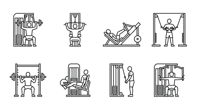 Black and White Gym Exercise Machine Icons Collection Featuring Chest Press Lat Pulldown Leg Press Cable Crossover Strength Training Fitness Vector