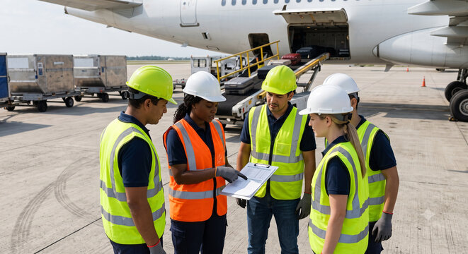 Diverse airport ground crew discussing logistics on sunny tarmac.