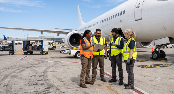 Diverse airport ground crew discussing logistics on sunny tarmac.