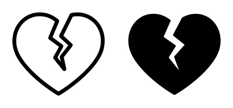 Broken Heart Icons, Black and White Vector Graphics, Symbolizing Sadness and Relationship Problems