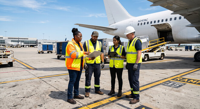 Diverse airport ground crew discussing logistics on sunny tarmac.