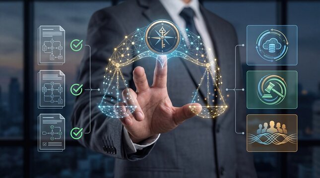 Businessman touching holographic scales of justice with compass and documents, legal technology concept, digital law compliance, corporate governance, data security icons, cloud...