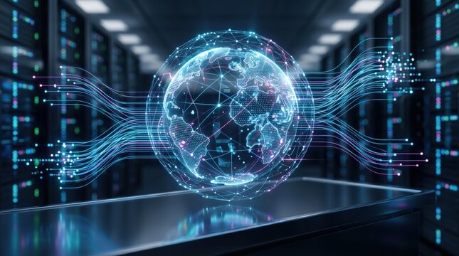 Digital globe with data streams in server room representing global network infrastructure, cloud computing, big data flow, cybersecurity, internet connectivity, distributed syst...