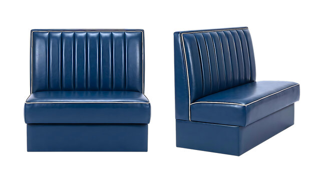 Front and side view of blue leather diner booth seating with white piping, ideal for restaurant interiors, retro themes, and comfortable dining spaces.
