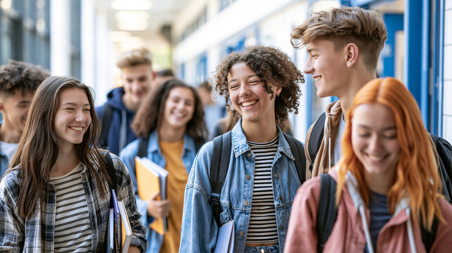 Diverse high school students laughing and walking together. Teenagers socializing outdoors in casual urban setting with natural light.