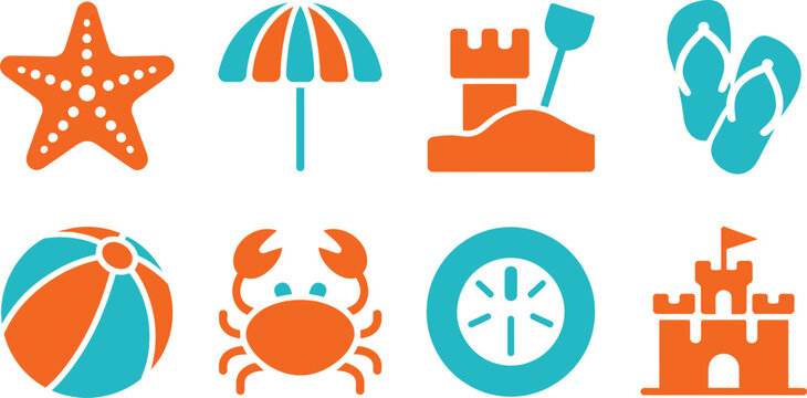 Summer beach and ocean icons featuring colorful starfish, umbrella, sand bucket, flip flops, beach ball, crab, and sand dollar.