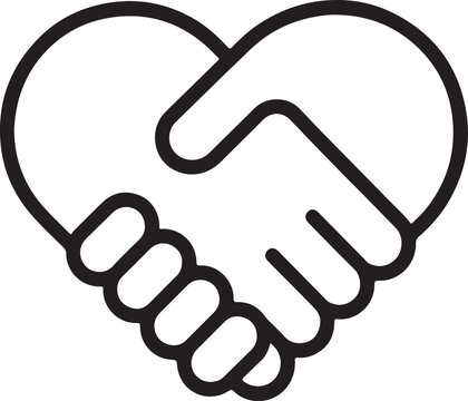 Black outline icon of two hands shaking forming a heart shape symbol