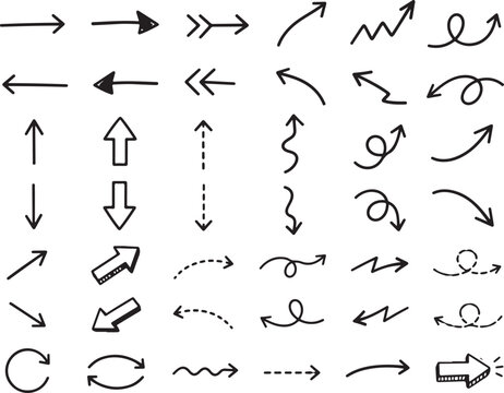 Collection of hand drawn arrows in various shapes and directions