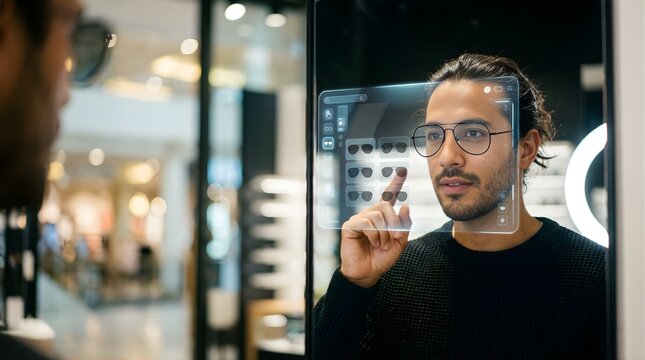 Man using augmented reality mirror to try on glasses in a store
