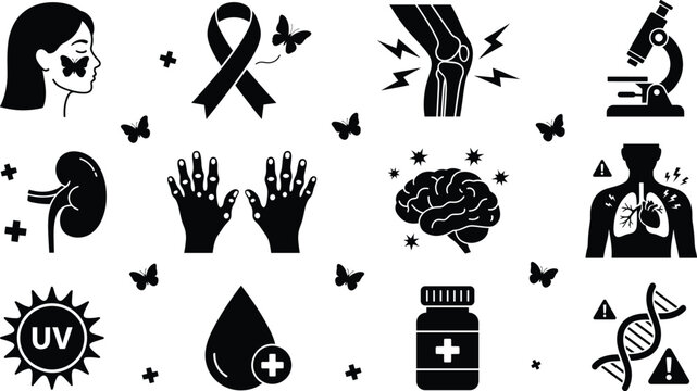 Lupus Disease Awareness and Autoimmune Medical Health Silhouette Graphic Icon Set with Butterfly Symbols