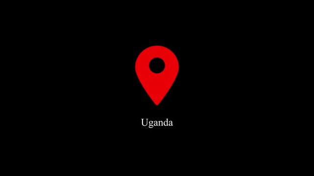 Uganda map location pin animation on black background, for travel and, business mapping navigation