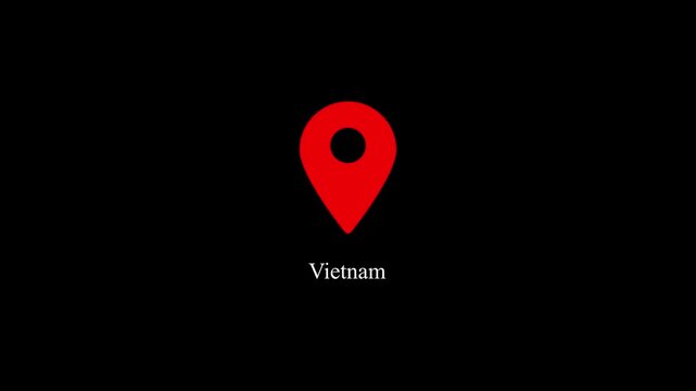 Vietnam map location pin animation on black background, for travel and, business navigation