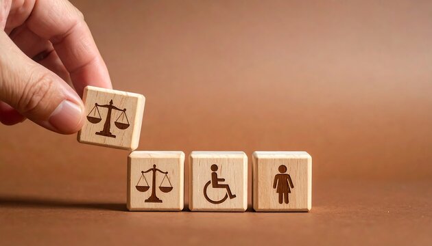 Equality Symbols on Wooden Blocks Held in a Hand on a Soft Brown Background