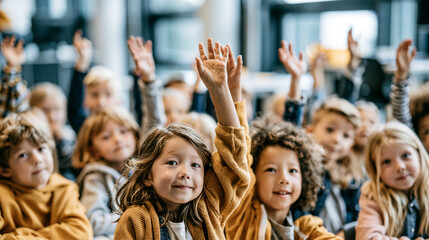 Fototapeta premium Diverse children raising hands in classroom. Happy students participating in school lesson.