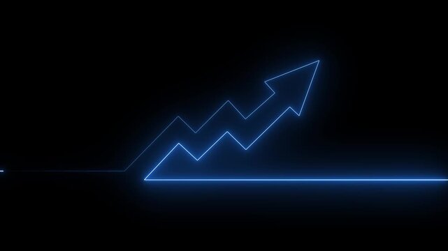 Neon blue financial growth arrow graph animation on black background, for business data, analysis and market, success presentation