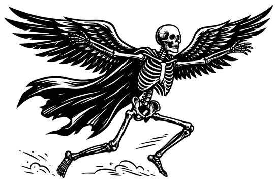 Vintage style black and white illustration of a winged skeleton running with a cape and dust trail