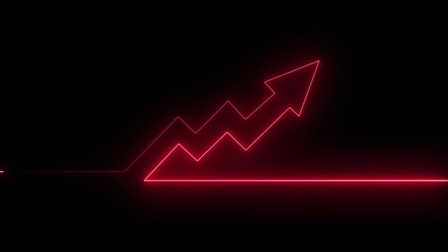 Neon red rising arrow graph animation: financial growth and success concept chart