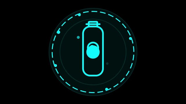 Futuristic neon bottle icon within digital HUD circle interface for tech and health tracking visualization projects on black background