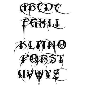 Black metal rock alphabet black and white vector, set blackmetal aphabet letter design illustration,rock black metal alphabet font design set,black metal typography  black and white stock vector