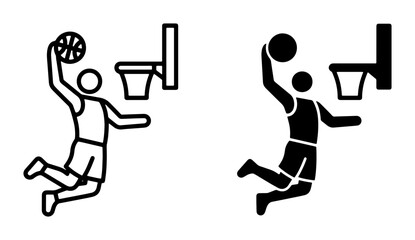 Basketball Player Dunking Icon Set, Dynamic Sports Action Vector Graphics, Athletic Competition Silhouette and Outline Illustrations for Game Design and Branding © Sagor
