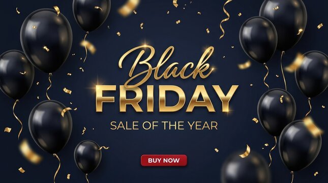 Black friday sale event luxurious black balloons golden confetti for biggest discounts of the year