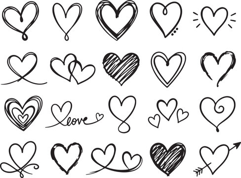 Set of hand drawn heart shapes for wedding and romantic love designs