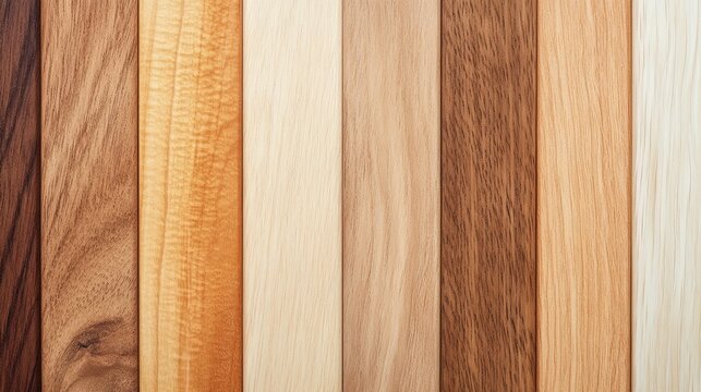 Various types of wood panels with different grains and colors arranged vertically.