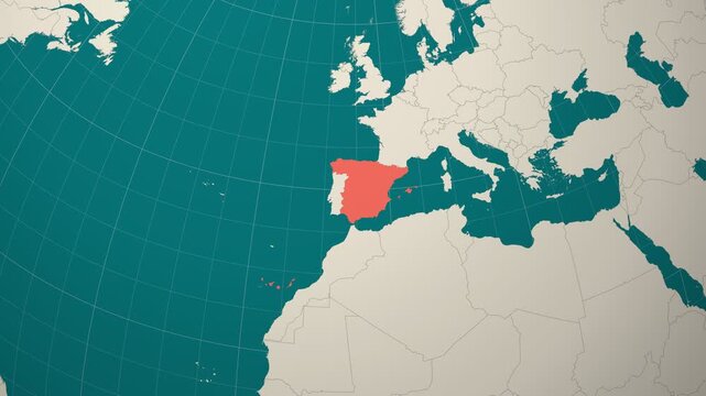 Spain map. Animated zoom into the country on the Globe in Teal Pale Mint color palette. Country logo animation. Map with meridians, parallels. Stylish video.