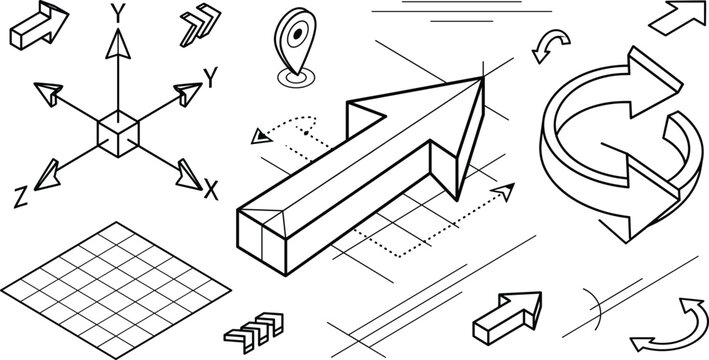 Isometric 3D Arrow and Coordinate Grid Line Icon Set for Technical Blueprint Graphics
