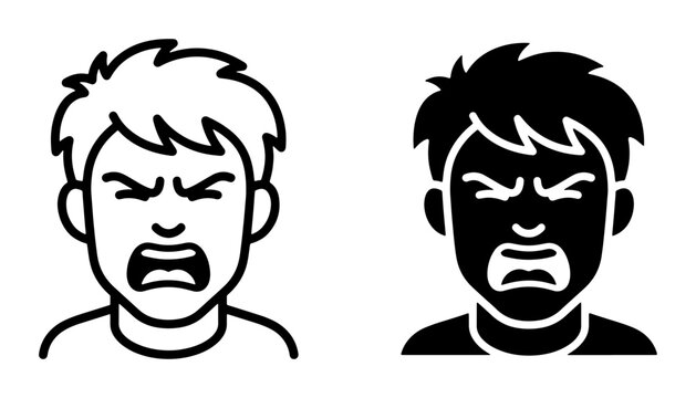 Angry Man Face Icon Set, Furious Expression Vector Graphics, Frustrated Person Symbol, Rage Emotion Illustration, Outrageous Mood Icon