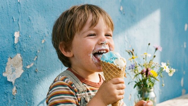 Happy toddler boy eating melting ice cream cone against a vibrant blue wall with wildflowers