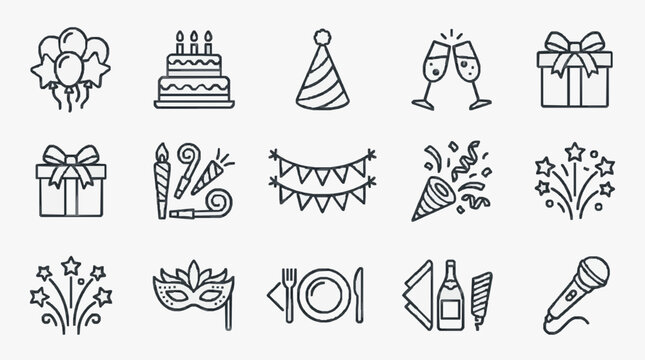 Dynamic Black and White Line Art Set of Celebration Party Icons Featuring Balloons Cake Party Hat Champagne Gifts Fireworks Confetti Mask Food Drinks and Microphone