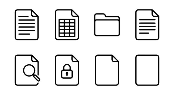 Document Icons Set, Paper Files and Folders, Data Management and Security Symbols, Vector Graphics