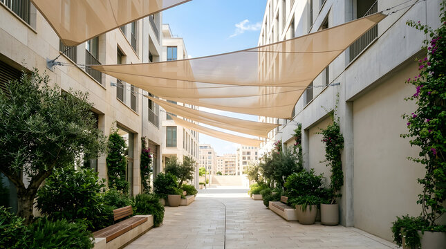 Climate-resilient urban design with green infrastructure, passive cooling, water management and sustainable architecture. AI Generated.
