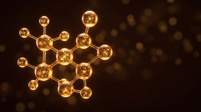 3D render illustration of a glowing golden glass molecular structure with copy space on dark background to create an authentic scientific stock illustration template