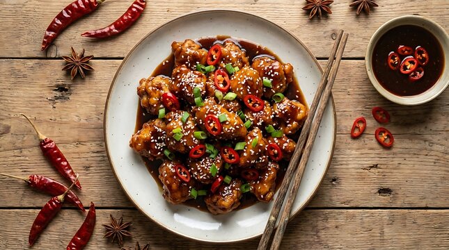 Delicious spicy kung pao chicken served on a plate with chopsticks and chili peppers. general tso chicken
