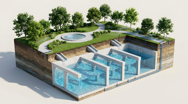 Climate-resilient urban design with green infrastructure, passive cooling, water management and sustainable architecture. AI Generated.