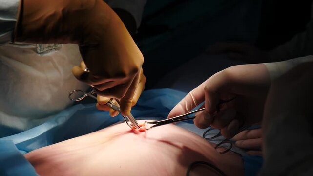 Surgeons hands making the first small incision for laparoscopic surgery using metallic forceps on patient' abdomen in sterile operating room. Pro medical content. 4k video