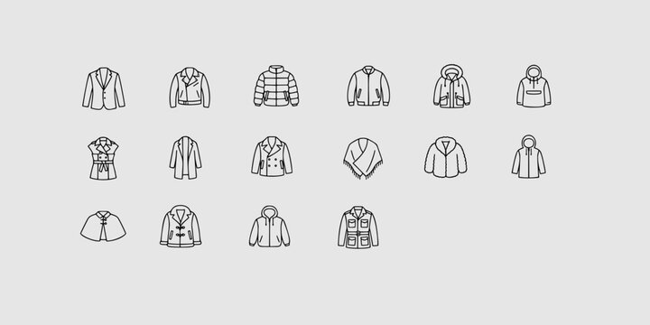 Icon set collection of various formal and casual jackets and coats including blazer, trench, leather, and parka styles.
