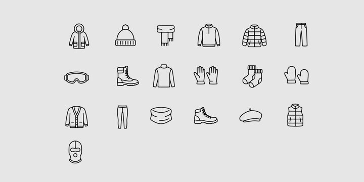 Icon set collection of winter and cold weather clothing and gear including jacket, hat, boots, gloves, and goggles.