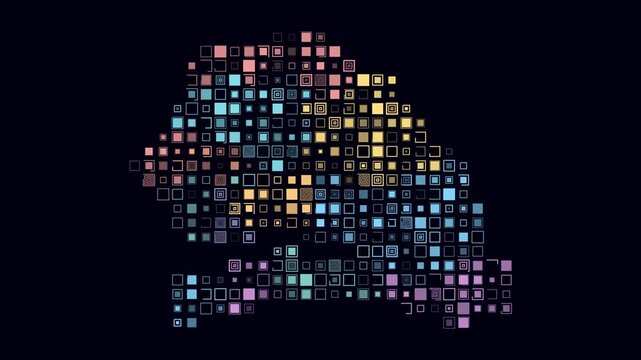 Senegal animation. Shape of the country with pulsating colored dots. Large size square blocks. Digital style Senegal map on dark background. Stylish video.