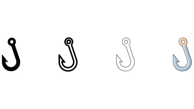 Fishing hook vector icons set, sharp metal fishhook collection, angling gear Editable Vector