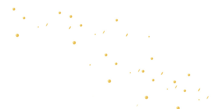 Dreamy golden confetti particles and ribbon streamers floating weightlessly against a white canvas, creating a magical festive atmosphere