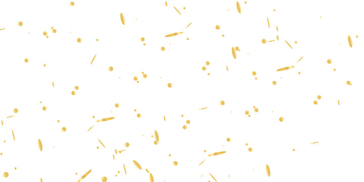 Dreamy golden confetti particles and ribbon streamers floating weightlessly against a white canvas, creating a magical festive atmosphere