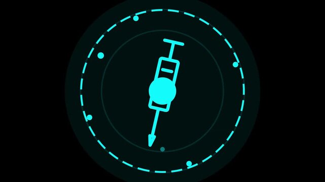 Futuristic animated syringe icon in a glowing digital interface, representing medical innovation, vaccine delivery, and health technology with dynamic visualization