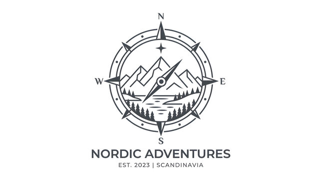 Nordic adventure logo featuring compass rose with mountain landscape and forest for outdoor travel exploration and wilderness hiking